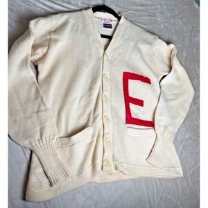 Vtg 1950s Trojan Varsity Letterman Cardigan Sweater Cream Wool size 44